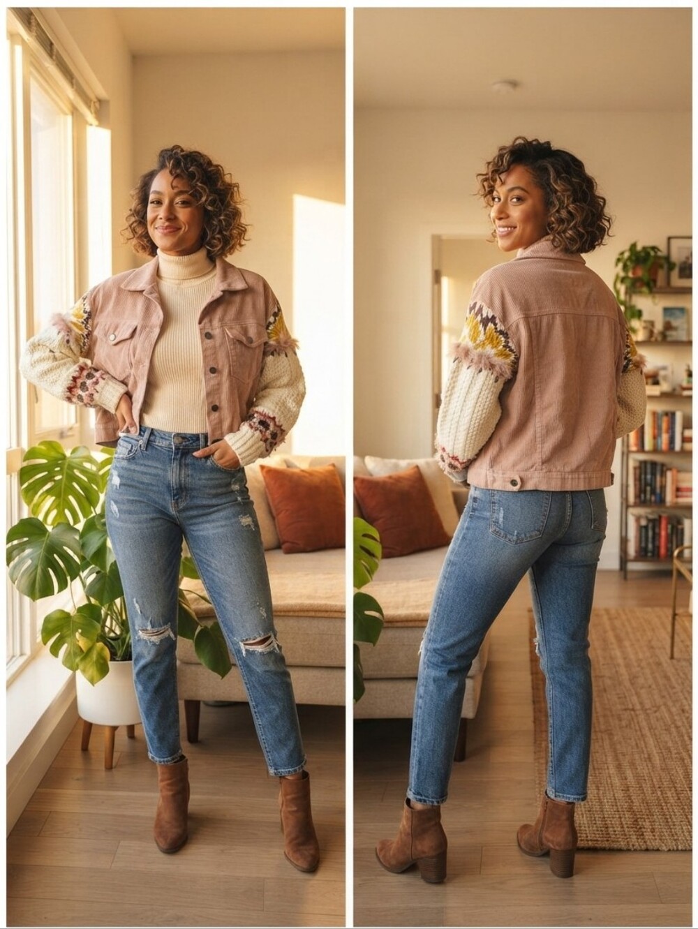 POL Dusty Pink Corduroy Cropped Jacket Medium Multi Textile Knit Sleeves
